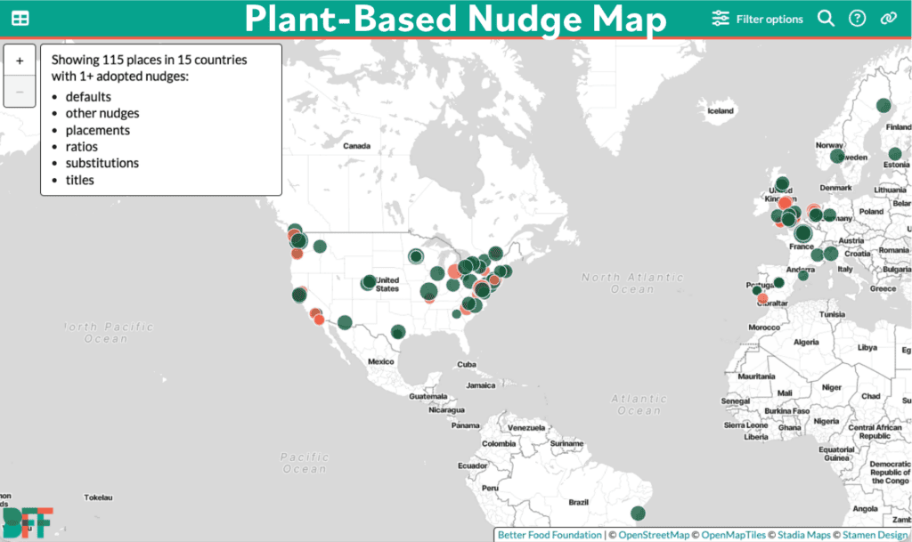 Preview of the Plant-Based Nudge Map showing adoption locations across food service settings.